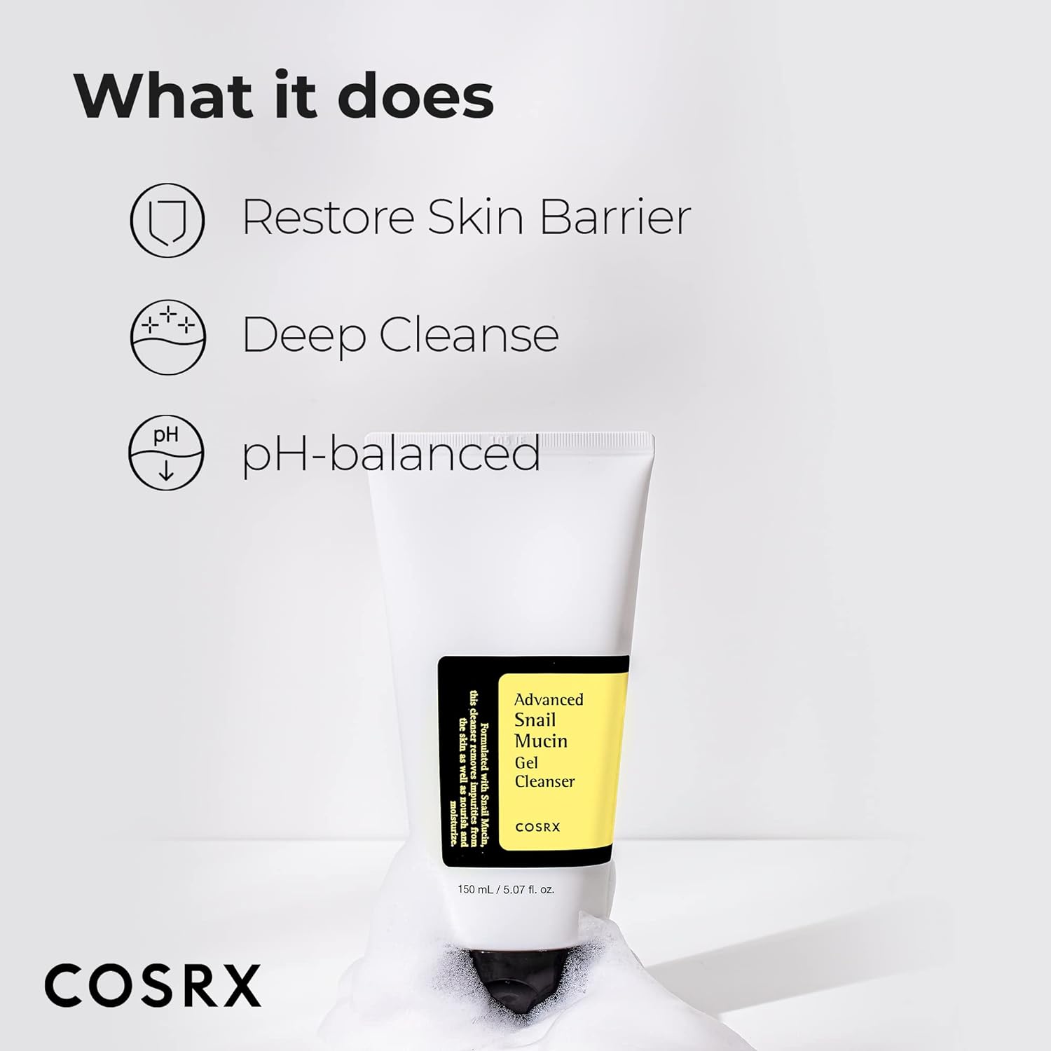 COSRX Advanced Snail Mucin Gel Cleanser, 5.07 Fl Oz / 150 mL | Rich Daily Deep Cleansing Gel for Dry & Sensitive Skin | Korean Skincare, Not Tested on Animals, No Parabens