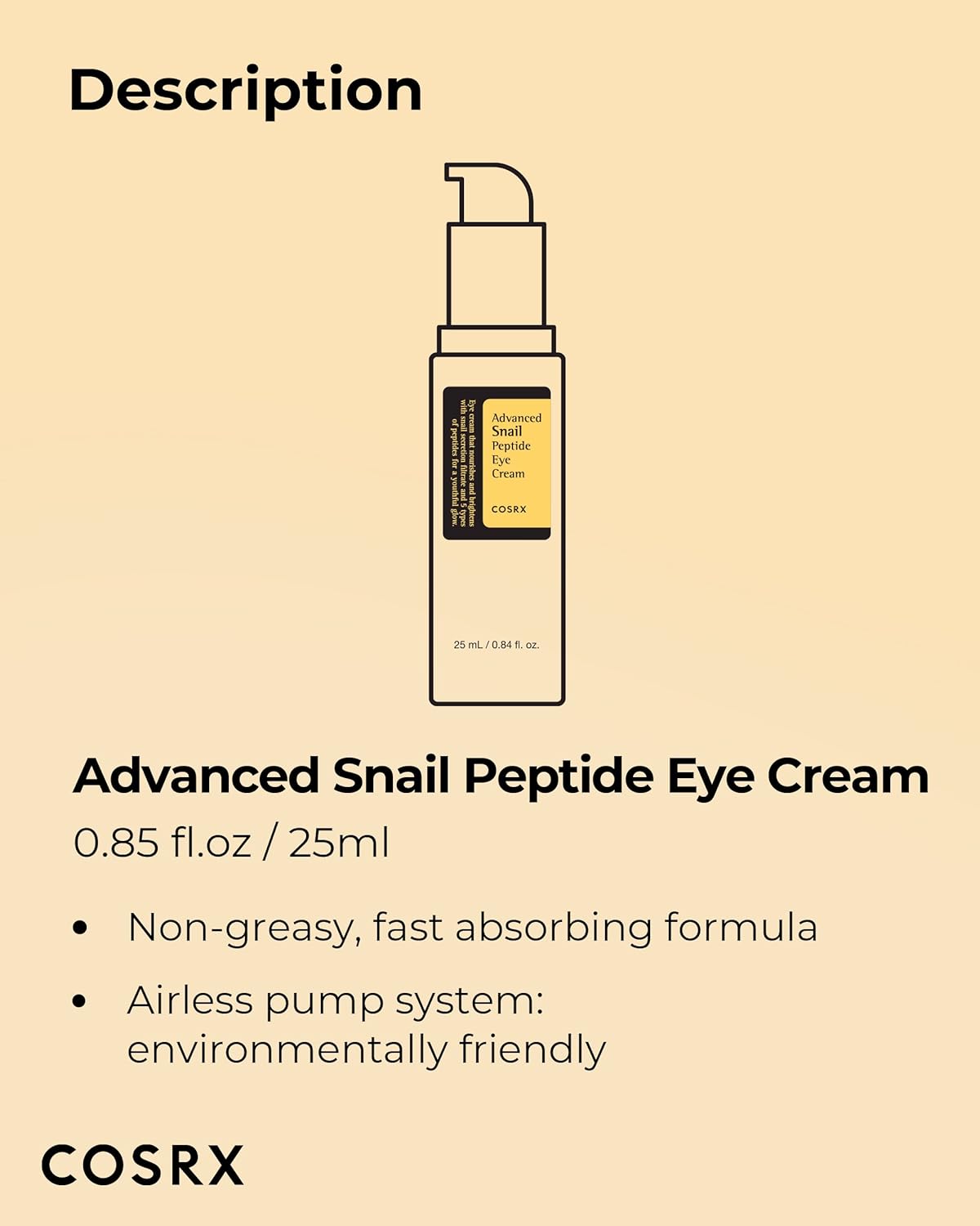 COSRX Snail Peptide Eye Cream with 73.7% Snail Mucin and Niacinamide - Brightening Korean Night Cream for Fine Lines and Dark Circles