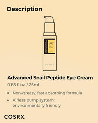 COSRX Snail Peptide Eye Cream with 73.7% Snail Mucin and Niacinamide - Brightening Korean Night Cream for Fine Lines and Dark Circles