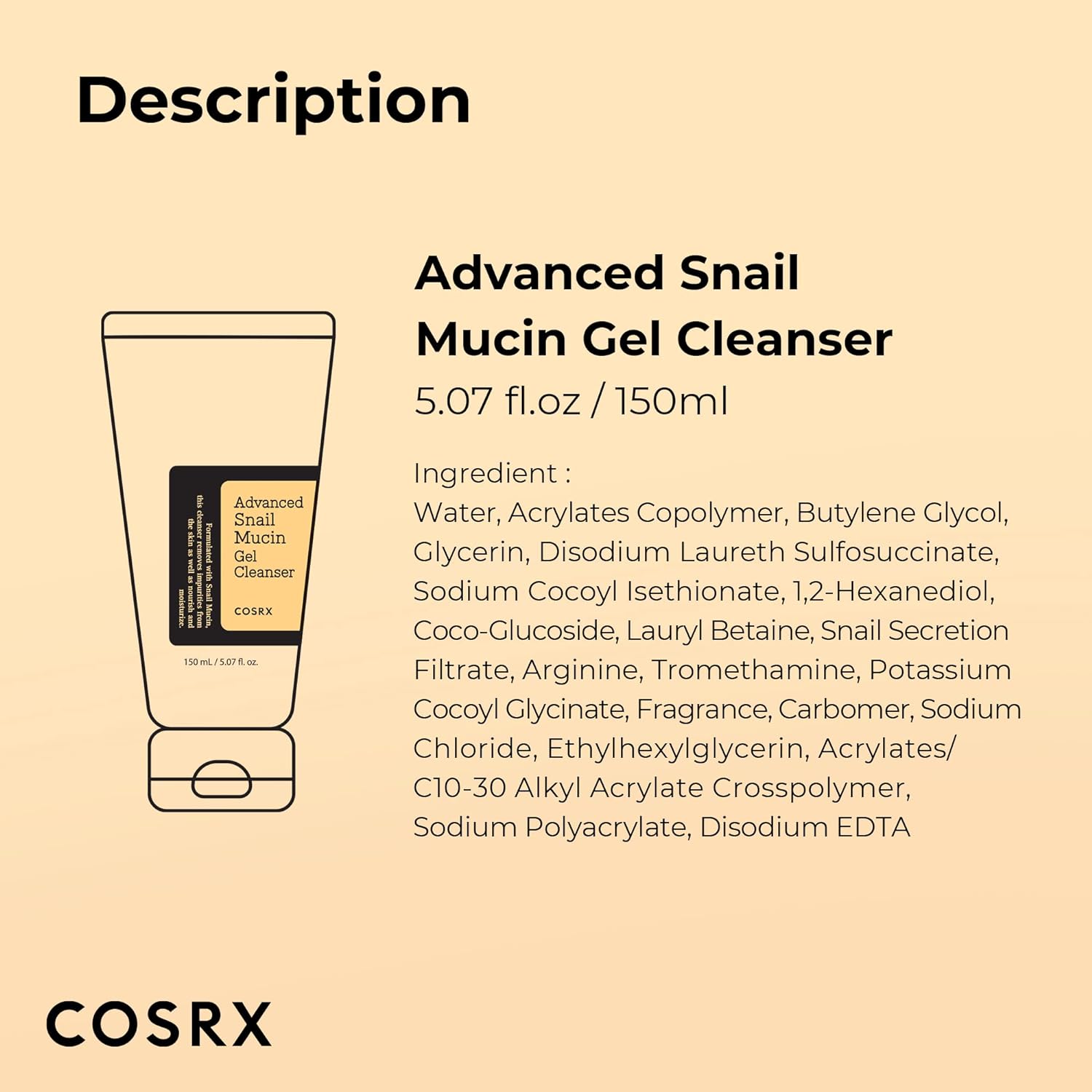 COSRX Advanced Snail Mucin Gel Cleanser, 5.07 Fl Oz / 150 mL | Rich Daily Deep Cleansing Gel for Dry & Sensitive Skin | Korean Skincare, Not Tested on Animals, No Parabens